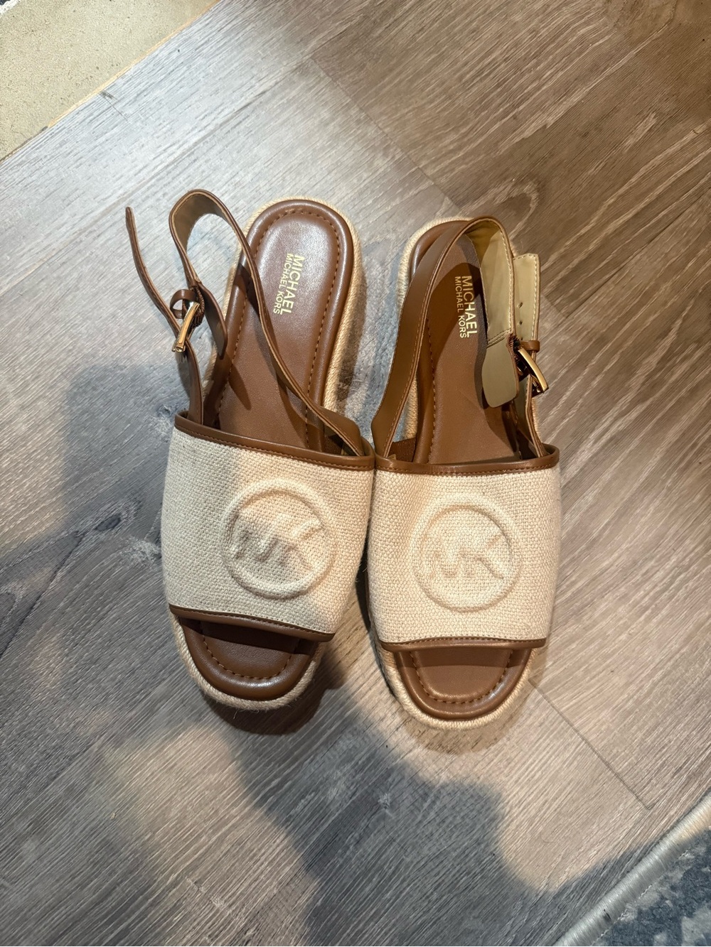 MICHAEL Michael Kors Beige Canvas Logo Slingback Sandals with Brown Trim